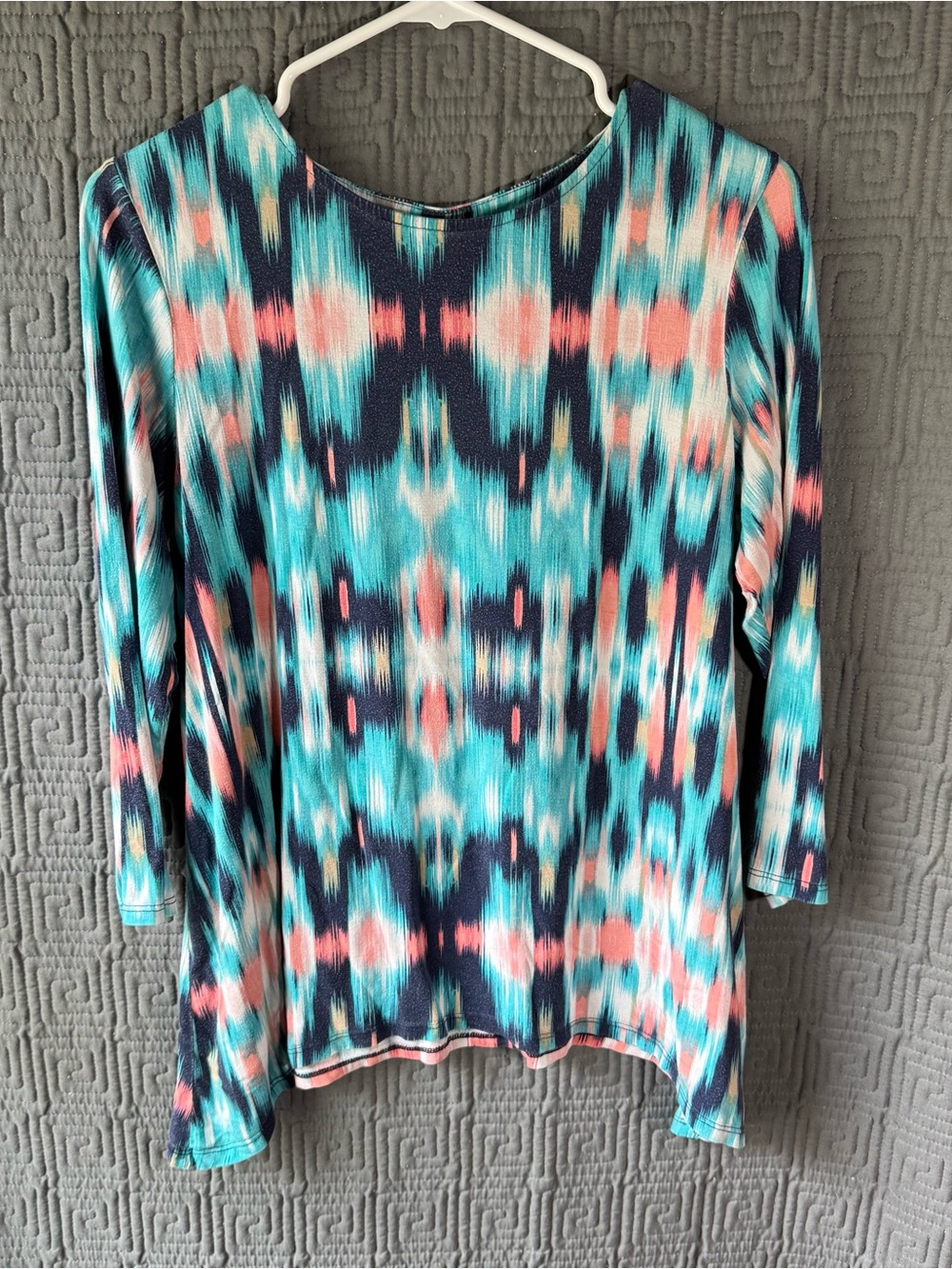 Ruby Rd Petite Medium PM Blouse Top Rayon Spandex Ikat Abstract Colorful China